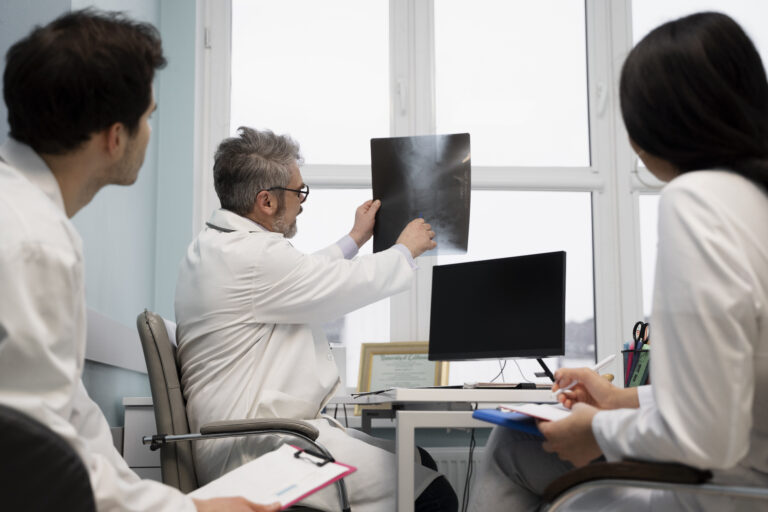 medium shot doctors looking radiography